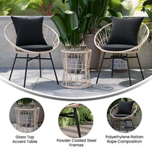 Flash Furniture TW-VN017-18-TAN-BK-GG Devon 3-Piece Indoor/Outdoor Bistro Set, Papasan Style Rattan Rope Chairs, Glass Top Side Table & Cushions, Tan/Black