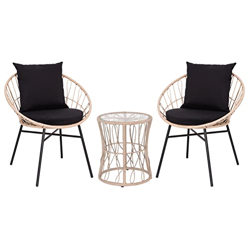 Flash Furniture TW-VN017-18-TAN-BK-GG Devon 3-Piece Indoor/Outdoor Bistro Set, Papasan Style Rattan Rope Chairs, Glass Top Side Table & Cushions, Tan/Black