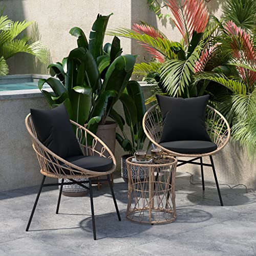 Flash Furniture TW-VN017-18-TAN-BK-GG Devon 3-Piece Indoor/Outdoor Bistro Set, Papasan Style Rattan Rope Chairs, Glass Top Side Table & Cushions, Tan/Black