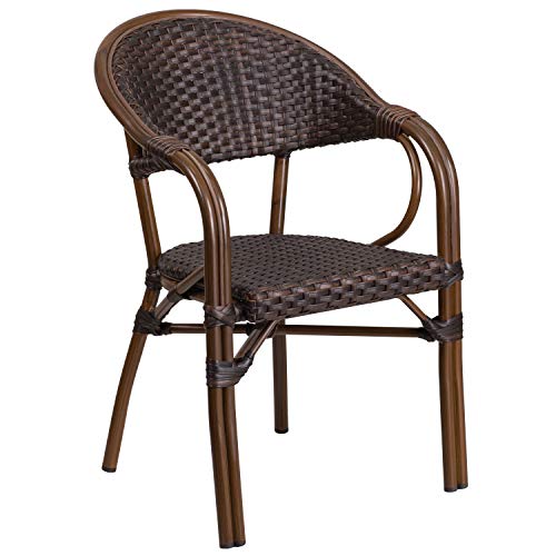 Flash Furniture 3 Pk. Milano Series Dark Brown Rattan Restaurant Patio Chair with Red Bamboo-Aluminum Frame