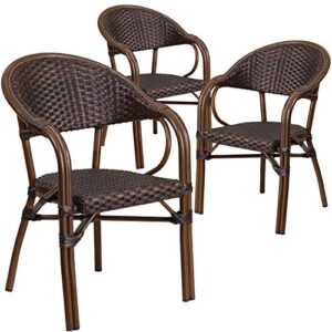 Flash Furniture 3 Pk. Milano Series Dark Brown Rattan Restaurant Patio Chair with Red Bamboo-Aluminum Frame