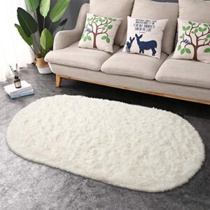 junovo Oval Fluffy Ultra Soft Area Rugs for Bedroom Plush Shaggy Carpet for Kids Room Bedside Nursery Mats, 2.6 x 5.3ft, Creamy