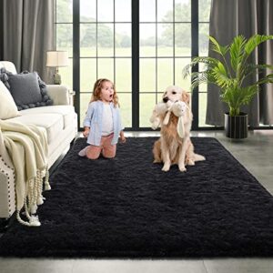 kimicole black area rug for bedroom living room carpet home decor, upgraded 4×5.9 cute fluffy rug for apartment dorm room essentials for teen girls kids, shag nursery rugs for baby room decorations