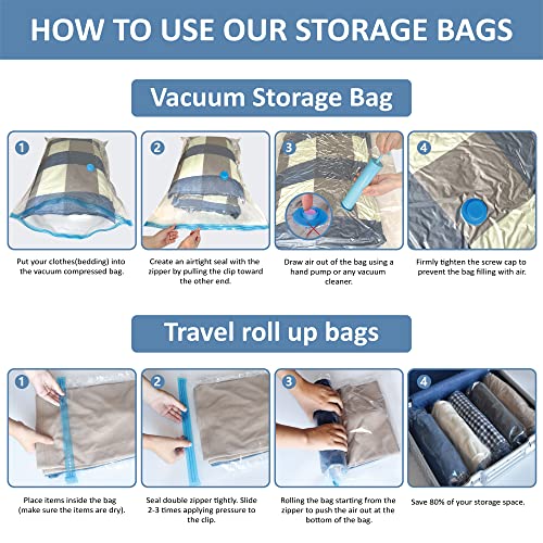 12 Pack Vacuum Storage Bags, Space Saver Bags (2 Jumbo/2 Large/2 Medium/2 Small/4 Roll) Compression Storage Bags for Comforters and Blankets, Vacuum Sealer Bags for Clothes Storage, Hand Pump Included