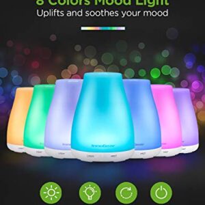 InnoGear Essential Oil Diffuser, Upgraded Diffusers for Essential Oils Aromatherapy Diffuser Cool Mist Humidifier with 7 Colors Lights 2 Mist Mode Waterless Auto Off for Home Office Room, Basic White