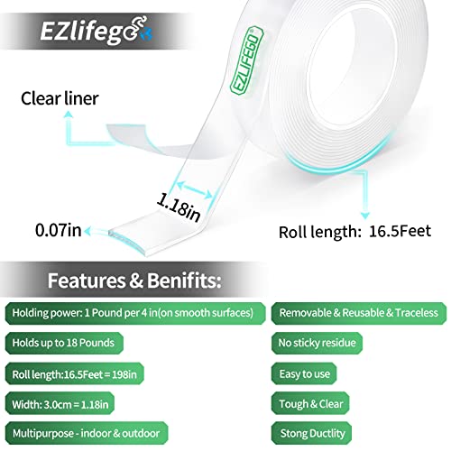 EZlifego Double Sided Tape Heavy Duty, Extra Large & Tough Nano Mounting Tape, Multipurpose Adhesive Tape Picture Hanging Strips, Removable Sticky Poster Tape for Walls Decor Carpet Tape(Clear,16.5FT)