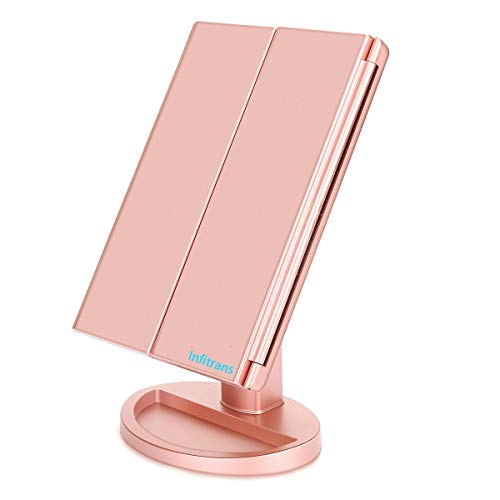 Infitrans 3 Folds Lighted Vanity Makeup Mirror,1X/2X/3X Magnification, 21 LED Bright Table Mirror with Touch Screen,180 Adjustable Rotation,Portable Travel Cosmetic Mirror