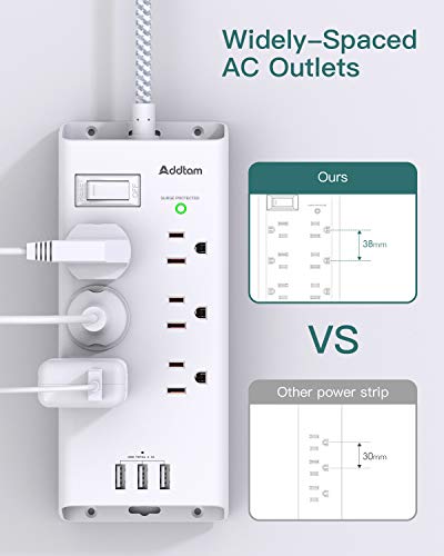 Addtam Power Strip Surge Protector 6 Outlets and 3 USB Ports 5Ft Long Extension Cord, Flat Plug Overload Surge Protection Outlet Strip, Wall Mount for Home, Office and Dorm