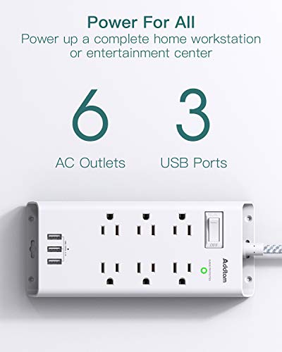 Addtam Power Strip Surge Protector 6 Outlets and 3 USB Ports 5Ft Long Extension Cord, Flat Plug Overload Surge Protection Outlet Strip, Wall Mount for Home, Office and Dorm