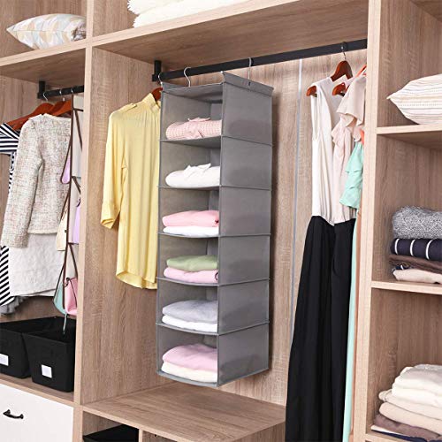 MAX Houser 6 Tier Shelf Hanging Closet Organizer, Closet Hanging Shelf with 2 Sturdy Hooks for Storage, Foldable (Light Grey)