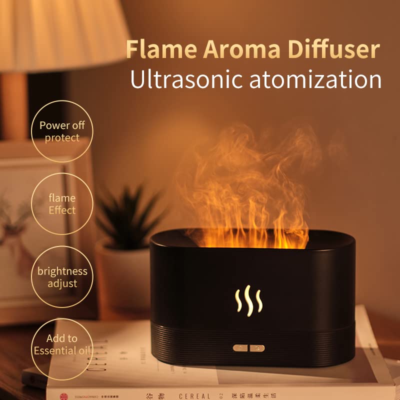 Colorful Flame Air Aroma Diffuser Humidifier, Upgraded 7 Flame Colors Noiseless Essential Oil Diffuser for Home,Office,Yoga with Auto-Off Protection 180ml (8Hours Black)