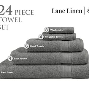 Space Grey Bath Towels for Bathroom Set - 100% Cotton 24 PC Towels Set, Highly Absorbent Bathroom Towel Set, 2 Oversize Bath Sheets, 4 Gray Bath Towels, 6 Hand Towels, 8 Wash Cloths,4 Fingertip Towels