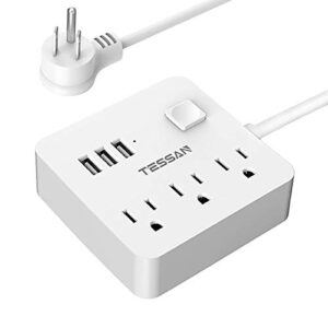 power strip 3 usb 3 outlet, desktop charging station 5 ft flat plug extension cord for cruise ship accessories dorm room plug extender, white