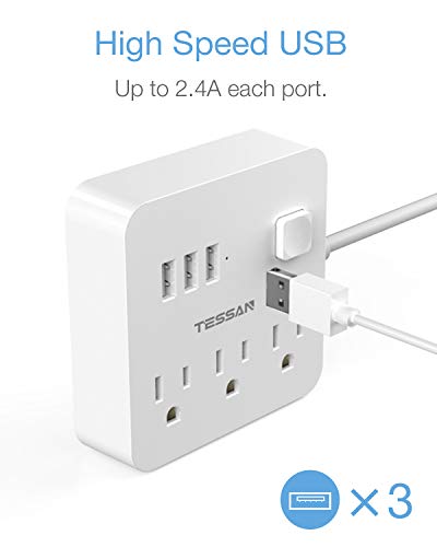 Power Strip 3 USB 3 Outlet, Desktop Charging Station 5 ft Flat Plug Extension Cord for Cruise Ship Accessories Dorm Room Plug Extender, White