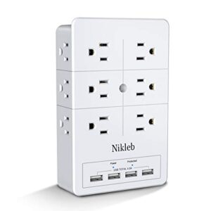 multi plug outlet surge protector nikleb, 12 electrical outlet extender 3 sided, wall outlet with 4 usb charging ports total 4.8a, plug adapter 3 prong, charging station block wall mount low profile