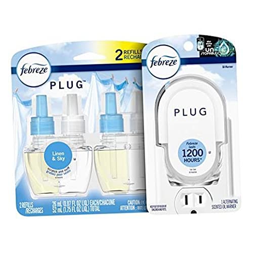 Febreze Odor-Fighting Fade Defy PLUG Air Freshener, Linen & Sky, Starter Kit & (2) .87 fl. oz. Oil Refills