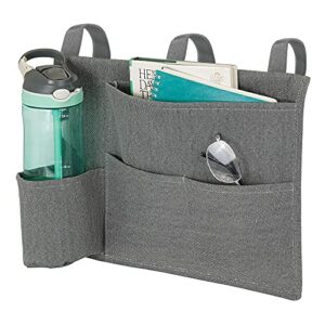 mdesign cotton canvas bedside hanging storage organizer caddy for dorm, bedroom bed frame – 4 pockets, 3 loops – holds phone, remote control, magazines, bottle drinks – crane collection -charcoal gray