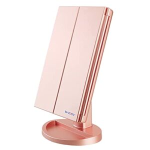 weily makeup mirror with 21 led lights,two power supply, touch screen and 1x/2x/3x magnification tri-fold vanity mirror, gift for women（rose gold）