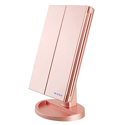 WEILY Makeup Mirror with 21 LED Lights,Two Power Supply, Touch Screen and 1x/2x/3x Magnification Tri-Fold Vanity Mirror, Gift for Women（Rose Gold）