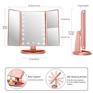 WEILY Makeup Mirror with 21 LED Lights,Two Power Supply, Touch Screen and 1x/2x/3x Magnification Tri-Fold Vanity Mirror, Gift for Women（Rose Gold）