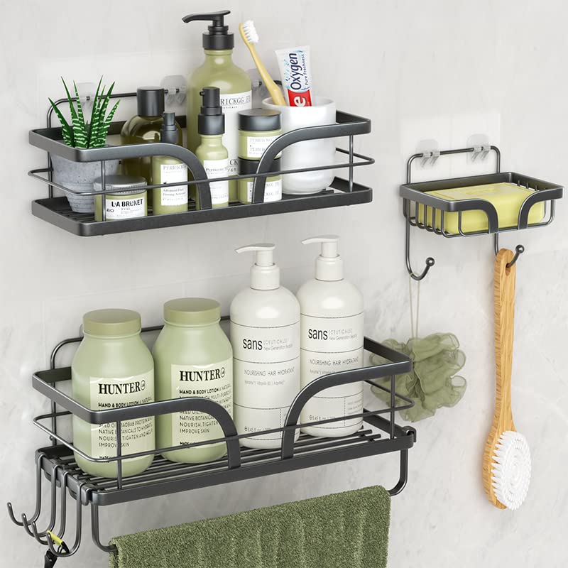 Shower Caddy Shelf Storage Rack, 3-Pack Adhesive Shower Organizer with Hooks for Hanging Razor, Towel Bar and Soap Dish, 304 Stainless Steel No Drilling Rustproof Shower Shelves Basket for Bathroom