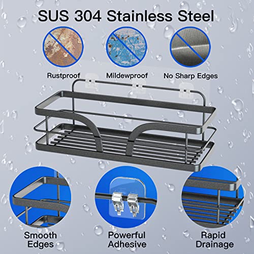 Shower Caddy Shelf Storage Rack, 3-Pack Adhesive Shower Organizer with Hooks for Hanging Razor, Towel Bar and Soap Dish, 304 Stainless Steel No Drilling Rustproof Shower Shelves Basket for Bathroom