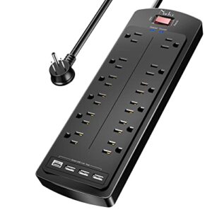 power strip , nuetsa surge protector with 12 outlets and 4 usb ports, 6 feet flat plug extension cord (1875w/15a) for for home, office, dorm essentials, 2700 joules, etl listed (black)