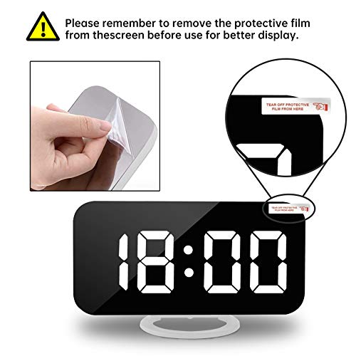 Digital Alarm Clock,7" LED Mirror Electronic Clocks,with 2 USB Charging Ports,Snooze Mode,Auto Adjust Brightness,Modern Desk Wall Clocks for Bedrooms Living Room Office - White