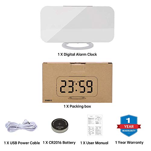 Digital Alarm Clock,7" LED Mirror Electronic Clocks,with 2 USB Charging Ports,Snooze Mode,Auto Adjust Brightness,Modern Desk Wall Clocks for Bedrooms Living Room Office - White