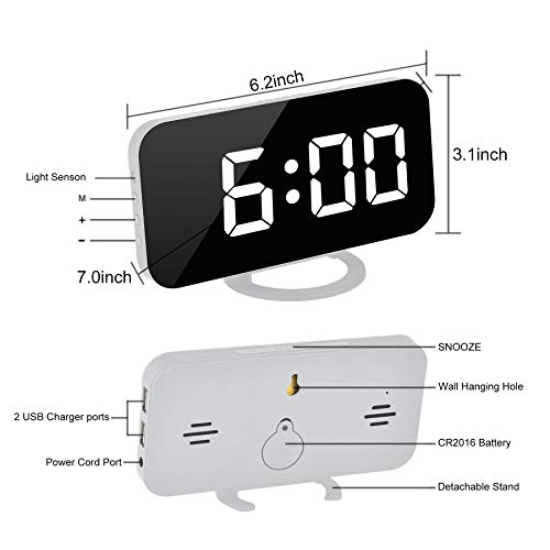 Digital Alarm Clock,7" LED Mirror Electronic Clocks,with 2 USB Charging Ports,Snooze Mode,Auto Adjust Brightness,Modern Desk Wall Clocks for Bedrooms Living Room Office - White