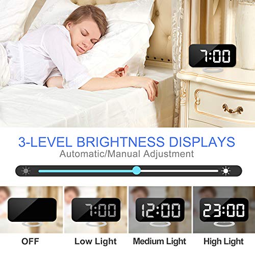 Digital Alarm Clock,7" LED Mirror Electronic Clocks,with 2 USB Charging Ports,Snooze Mode,Auto Adjust Brightness,Modern Desk Wall Clocks for Bedrooms Living Room Office - White