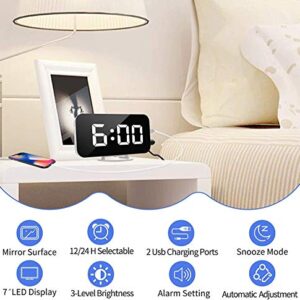 Digital Alarm Clock,7" LED Mirror Electronic Clocks,with 2 USB Charging Ports,Snooze Mode,Auto Adjust Brightness,Modern Desk Wall Clocks for Bedrooms Living Room Office - White