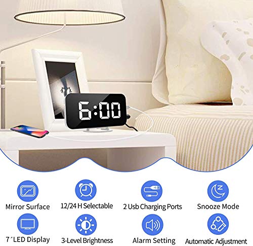 Digital Alarm Clock,7" LED Mirror Electronic Clocks,with 2 USB Charging Ports,Snooze Mode,Auto Adjust Brightness,Modern Desk Wall Clocks for Bedrooms Living Room Office - White