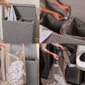 BIRDROCK HOME Premium 2 Section Linen Collapsible Laundry Hamper with 4 Load Capacity | Removable Mesh Bags, Magnetic Lid and Sturdy MDF Board | Stylish Dual Compartment Clothes Hamper | Grey