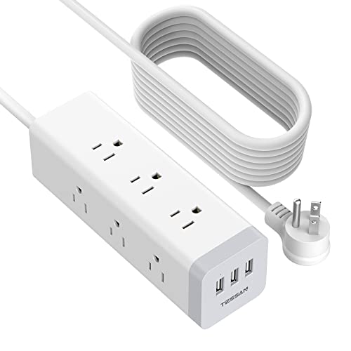 TESSAN Flat Plug Long Extension Cord 15 Ft, Surge Protector Power Strip with 9 Outlets 3 USB Ports, Desktop Multi Outlets Charging Station, Wall Mount for Home, Office, Dorm Room Essentials, Grey