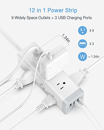 TESSAN Flat Plug Long Extension Cord 15 Ft, Surge Protector Power Strip with 9 Outlets 3 USB Ports, Desktop Multi Outlets Charging Station, Wall Mount for Home, Office, Dorm Room Essentials, Grey