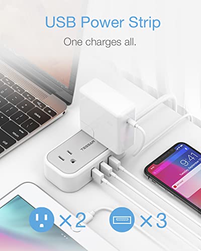 Mini Power Strip with 3 USB Ports, TESSAN 2 Outlet Portable Flat Plug Strip with 5 Ft Small Extension Cord, No Surge Protector for Cruise Ship Essentials Travel