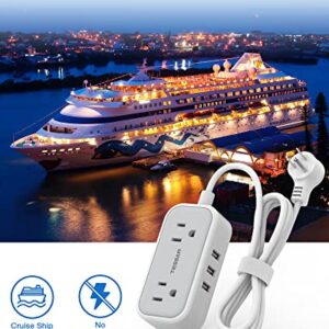 Mini Power Strip with 3 USB Ports, TESSAN 2 Outlet Portable Flat Plug Strip with 5 Ft Small Extension Cord, No Surge Protector for Cruise Ship Essentials Travel