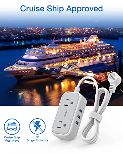 Mini Power Strip with 3 USB Ports, TESSAN 2 Outlet Portable Flat Plug Strip with 5 Ft Small Extension Cord, No Surge Protector for Cruise Ship Essentials Travel