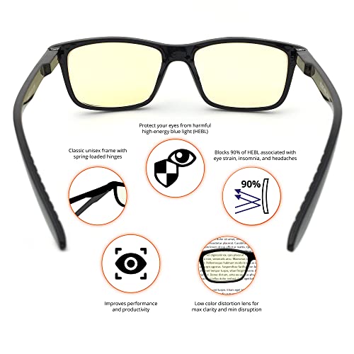 J+S Vision Blue Light Shield Computer Reading/Gaming Glasses - 0.0 Magnification - Anti Blue Light 100% UV Protection Low Color Distortion, Classic Black Frame - Essential Gaming Gear