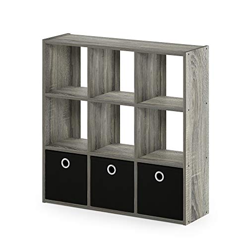 Furinno 13207GY/BK Simplistic 9-Cube Organizer with Bins, French Oak Grey/Black