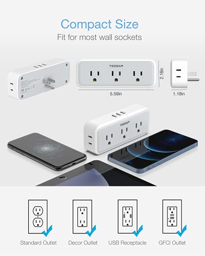 Multi Plug Outlet Splitter, TESSAN 5 AC Surge Protector Outlet Extender with 3 USB Wall Charger, Multiple Plug Expander for Home Office Dorm Room Essentials