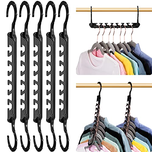 HOUSE DAY Closet Organizers and Storage, 10 Pack Magic Space Saving Hangers Black, Upgraded Sturdy Smart Clothes Hanger with 7 Slots for Wardrobe, Closet Space Saver 85%, College Dorm Room Essentials