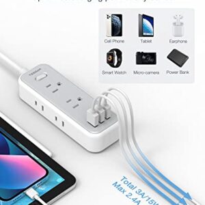 Small Power Strip with 3 USB Ports, TESSAN Flat Plug Extension Cord 6 Feet, Mini 6 Outlets Portable Nightstand Desktop Charging Station for Travel Dorm Room Cruise Ship Essentials