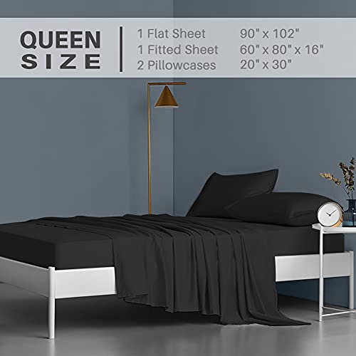 Queen Bed Sheet Set, 4pcs Bedding Sheets & Pillowcases, Soft Microfiber 1800 Thread Count 16" Deep Pocket Luxury Bed Sheets - Hypoallergenic, Wrinkle & Fade Resistant (Black)