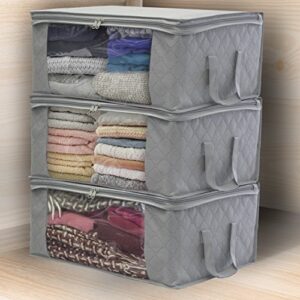 Sorbus Foldable Storage Bag Organizers, Large Clear Window & Carry Handles, Great for Clothes, Blankets, Closets, Bedrooms, and more (3-Pack, Gray)