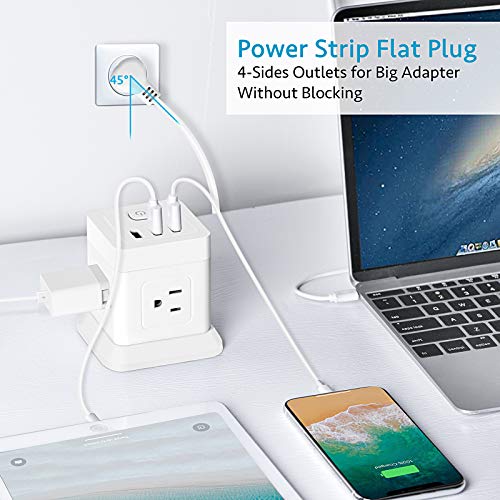 BEVA Power Strip with USB - 5ft Long Extension Cord with 4 Widely Spaced Outlets and 3 USB Ports Cube Desktop Charging Station, Overload Protection, Compact for Travel, Cruise Ship and Dorm