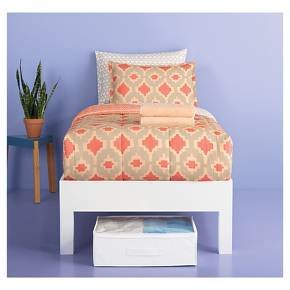 Room Essentials - Global Prints - Limited Edition Dorm Bed 7 Piece Reversible Bed Set with Towels - Size: XL Twin - Color: Coral/Taupe/Gray