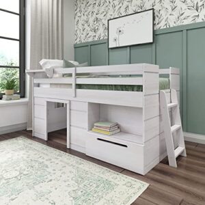 max & lily modern farmhouse low loft bed, twin bed frame for kids with 1 drawer, white wash