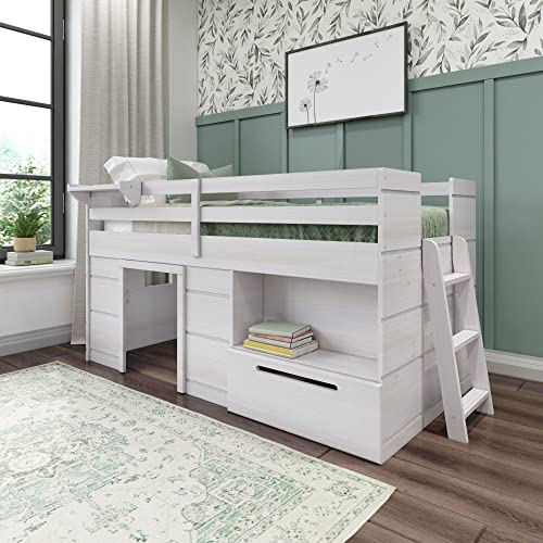 Max & Lily Modern Farmhouse Low Loft Bed, Twin Bed Frame For Kids With 1 Drawer, White Wash